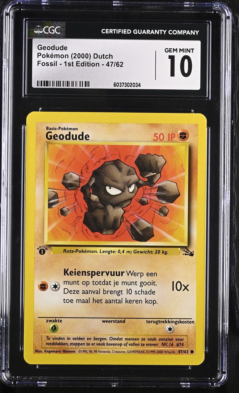 CGC 10 GEM MINT Geodude 1st Edition 47/62 Pokémon 2000 Dutch Fossil (PSA/BGS)